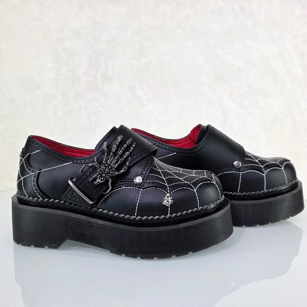 NIB Rebel Goth Punk Oxford Shoes Spider Charms Web Stitching Cryptic Hand Buckle - Picture 8 of 14